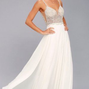 Lulus True Love White Beaded Rhinestone Maxi Dres